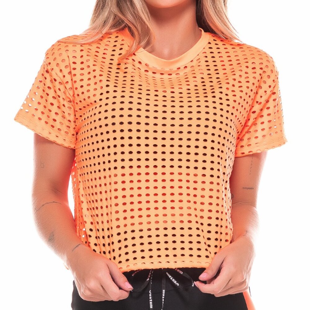 Neon orange laser-cut workout top